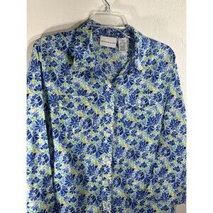 Elementz Large Vivid Purple Teal Floral Check Button Up Loose Fit Womens Blouse